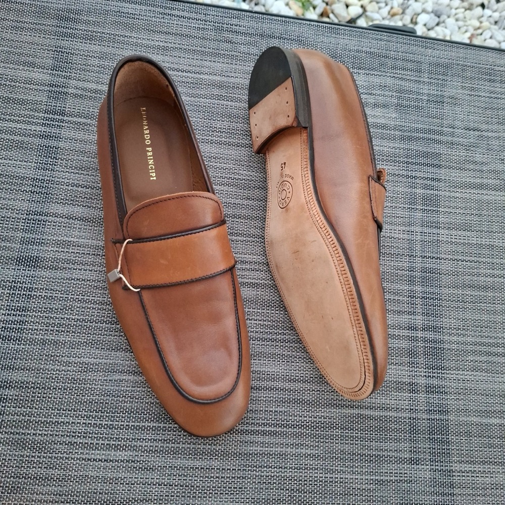 Leonardo Principi Men's Tan Leather Penny Loafers Size 45 Made in Italy NEW
